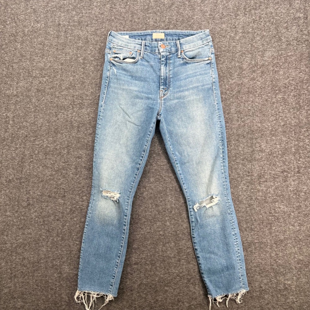 Mother The Looker High Rise Skinny Crop Distressed Frayed Hem Blue Jeans Size 28 - Picture 2 of 14